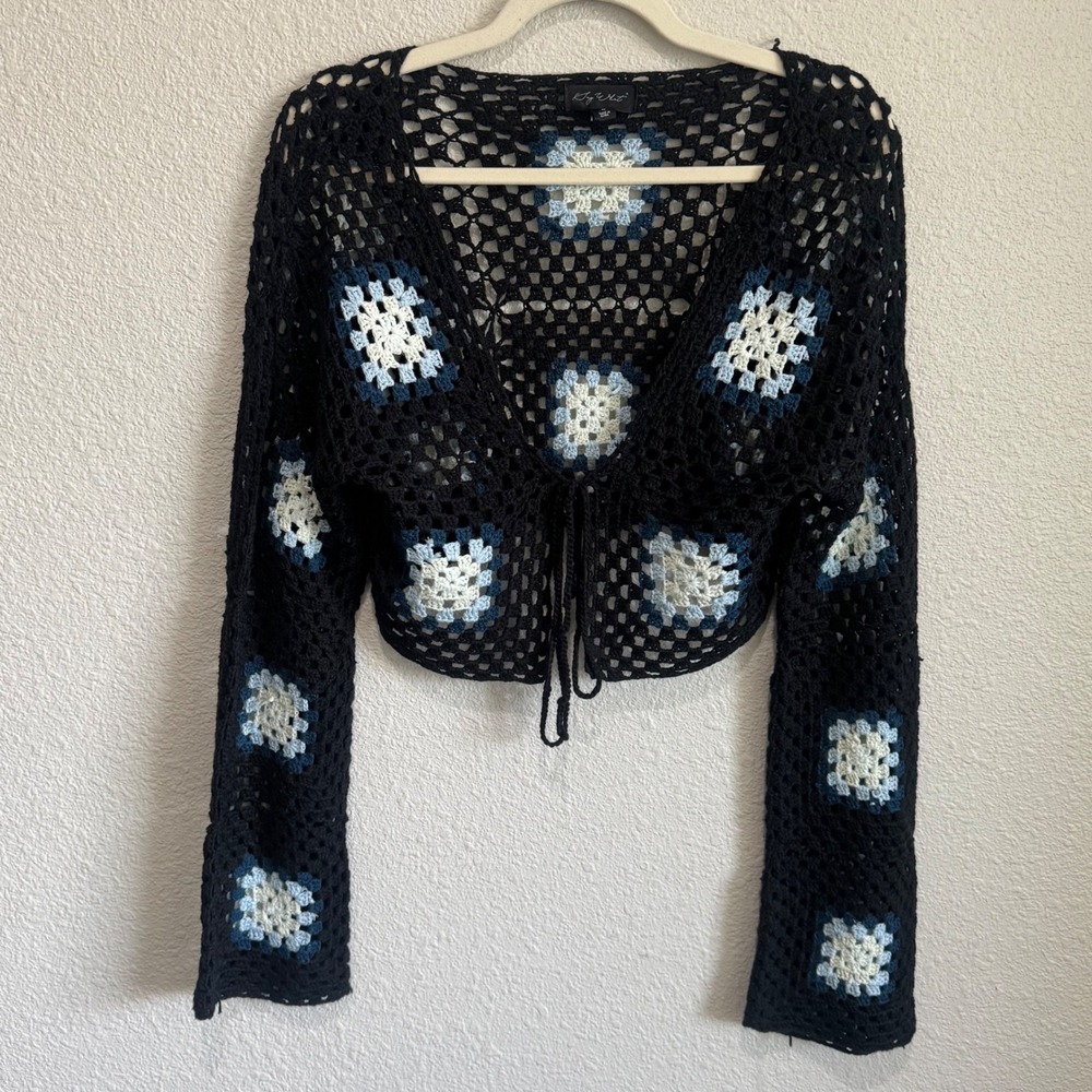 Say What Womens Medium Crochet Square Front Tie Cardigan Boho Flowy Festival